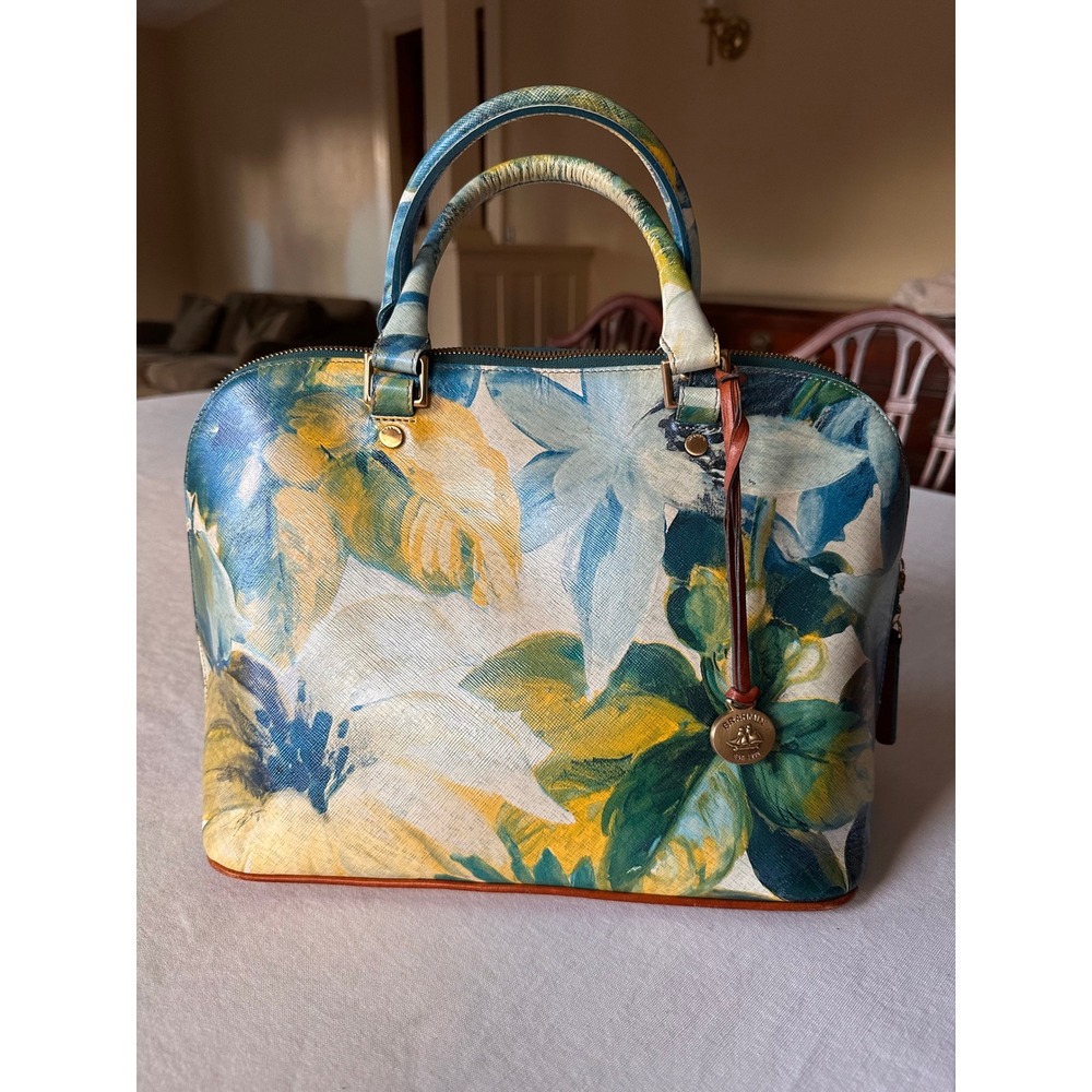 Brahmin Duxbury Satchel Floral Blue Yellow Leather Dome Bag Gold Hardware